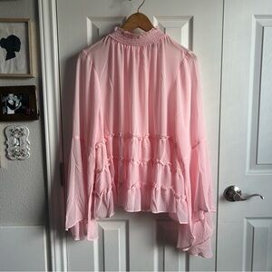 Torrid soft pink chiffon high collar ruffle tiered long bell sleeve blouse